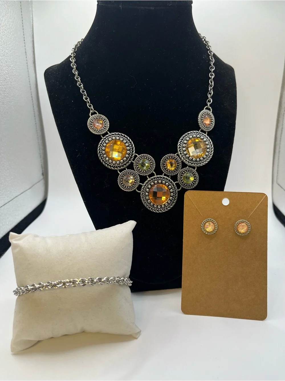 Amber Statement Necklace with Matching Stud Earrings - Women Jewelry